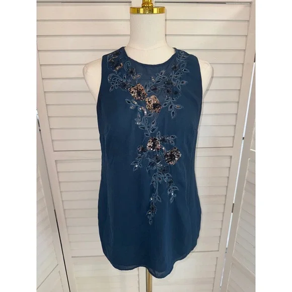 White House Black Market Blouse Women Teal Embroidered Sequin Sleeveless Size 4 - Picture 2 of 10